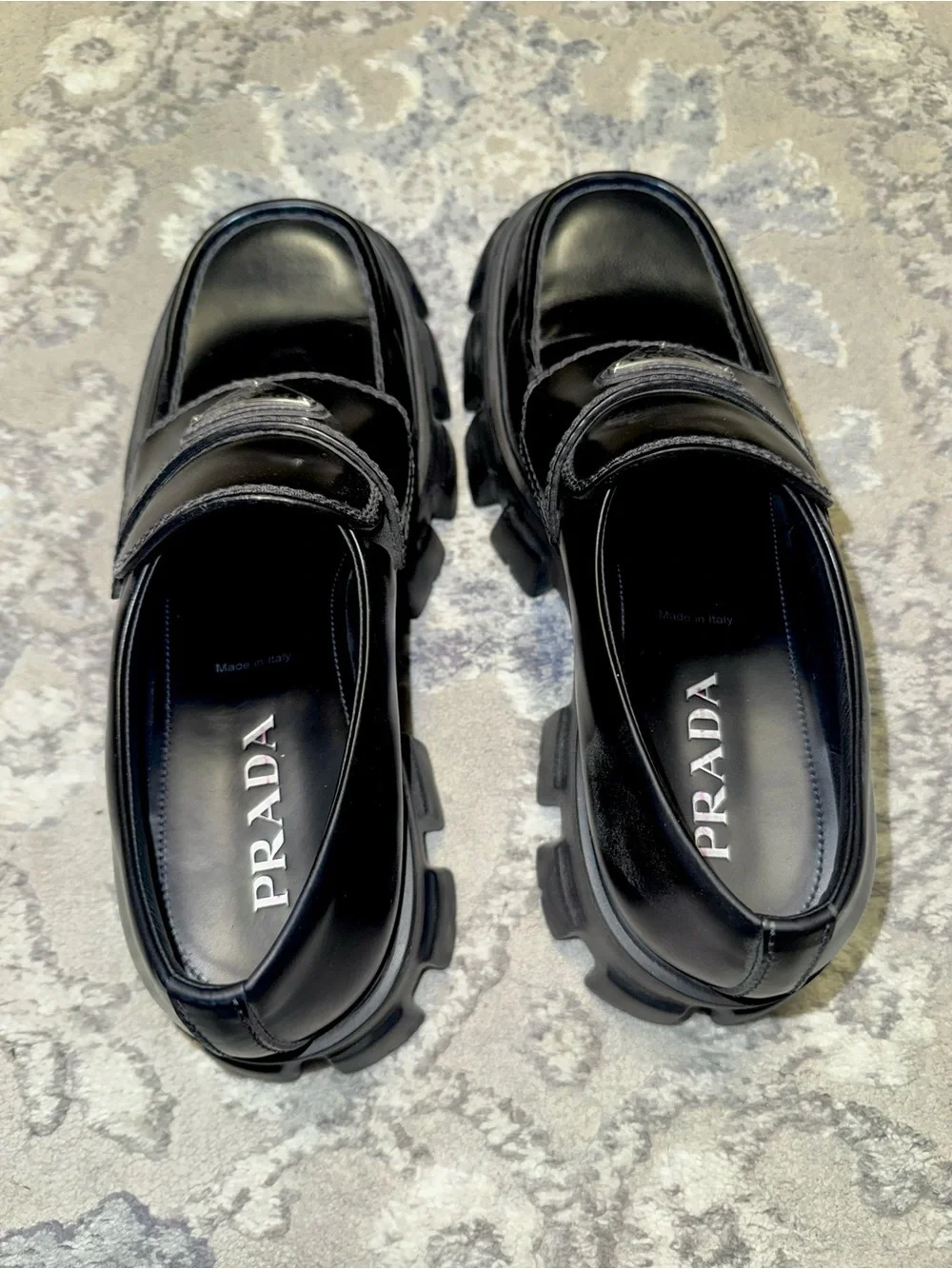 Prada Black Leather Lug Sole Penny Monolith Loafers